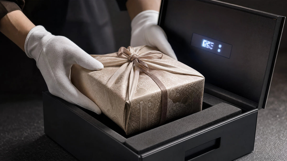 An authentic luxury Japanese confectionery box wrapped in traditional department-store paper with an artisanal ribbon