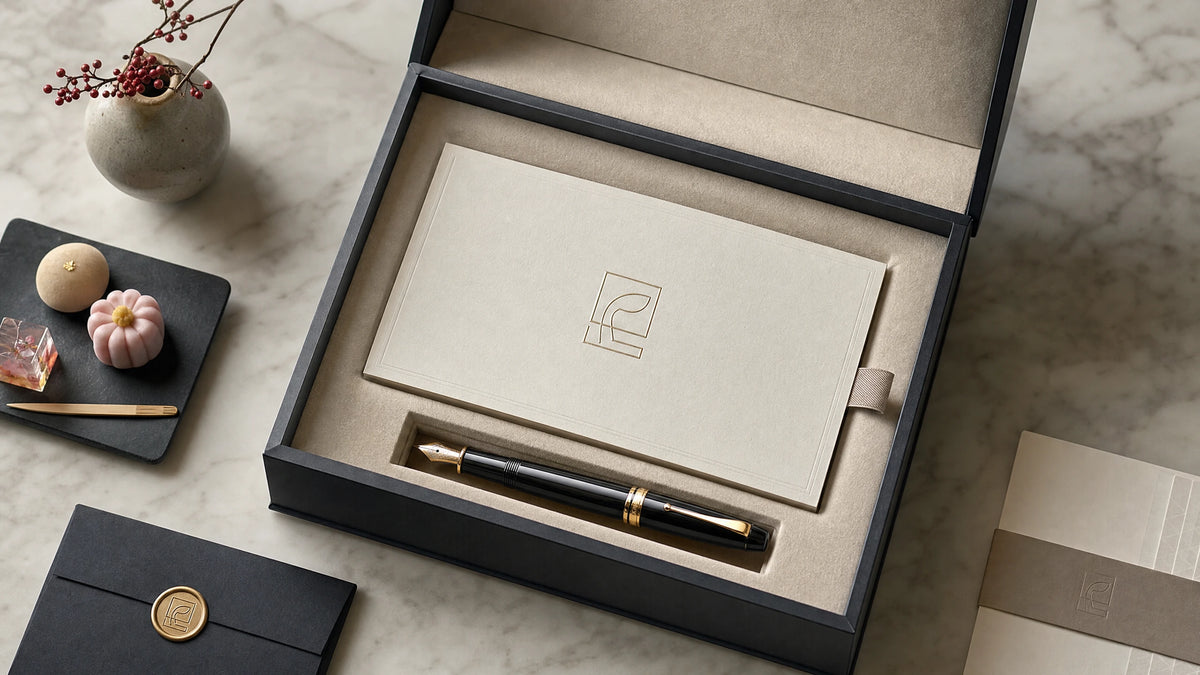 A flat lay composition on a marble desk featuring a minimalist luxury gift box, custom stationery, and seasonal treats