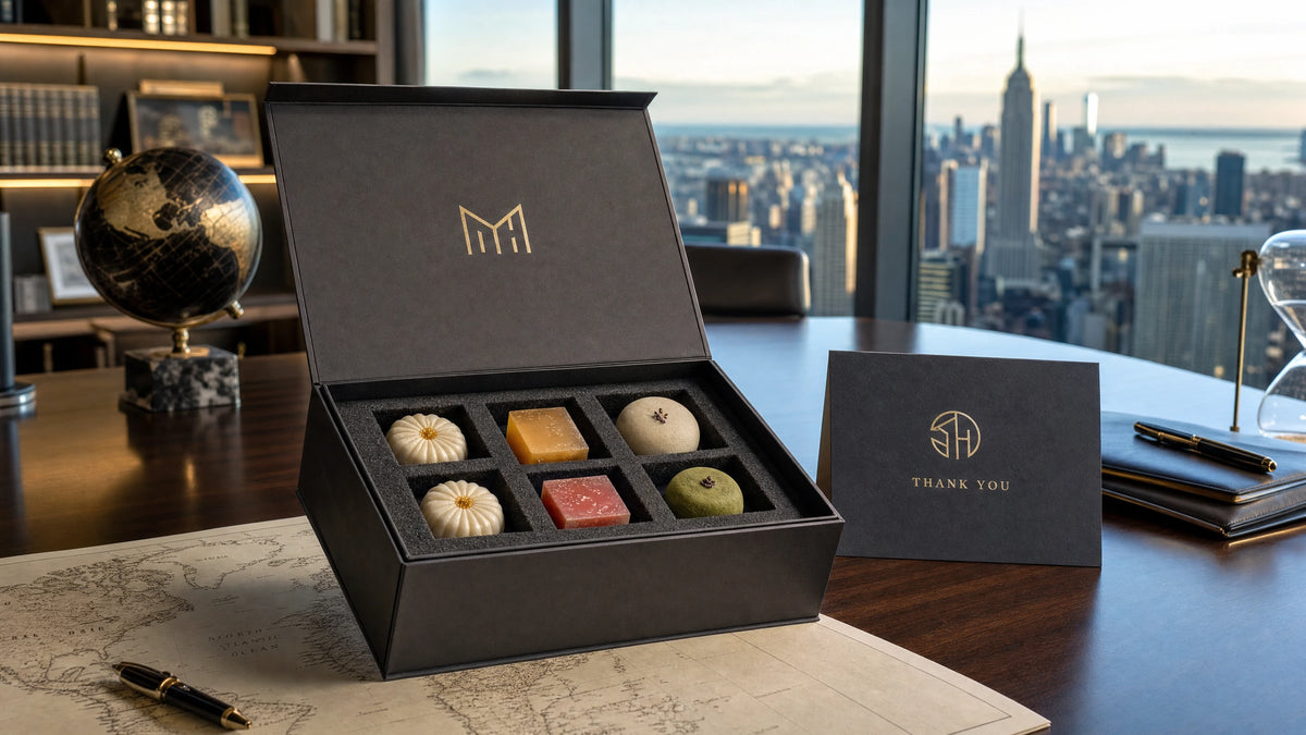 A sleek black structured gift box resting on a polished mahogany conference table in a high-end Manhattan boardroom