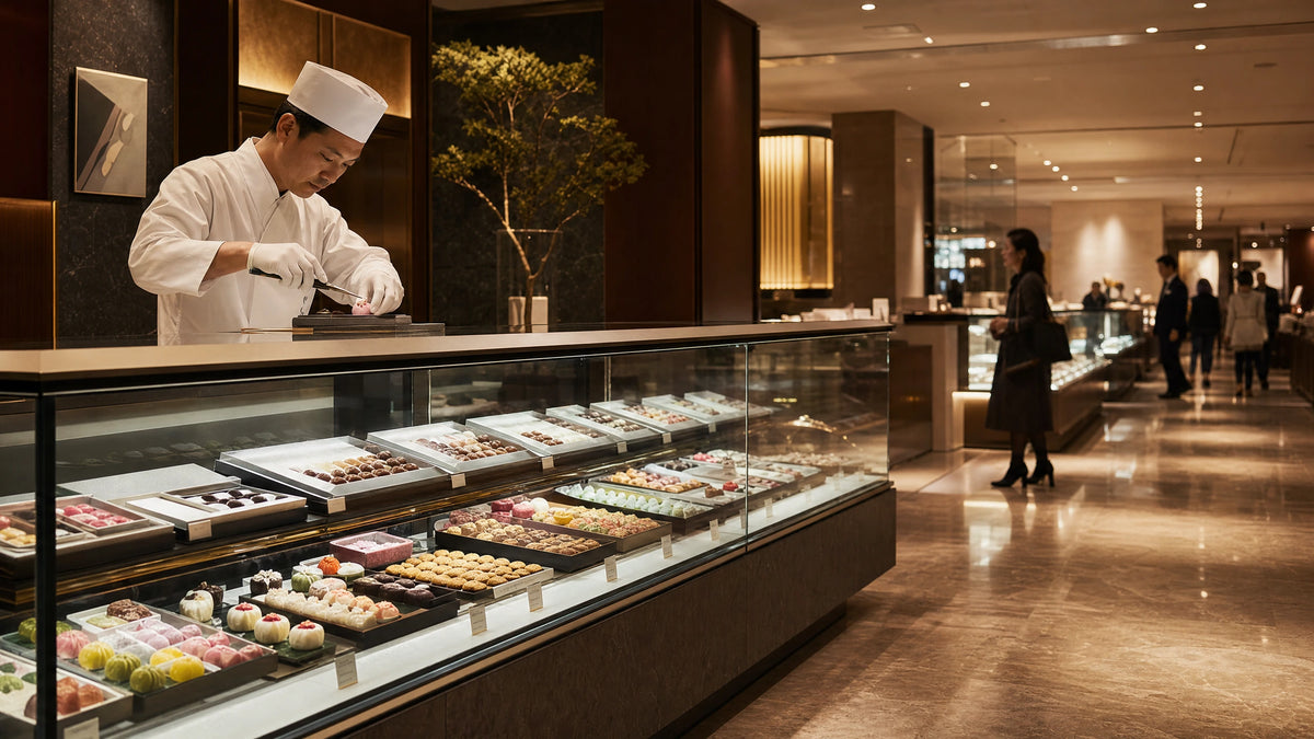 Illuminated glass display cases in a high-end Tokyo depachika food hall showcasing artisanal Japanese sweets