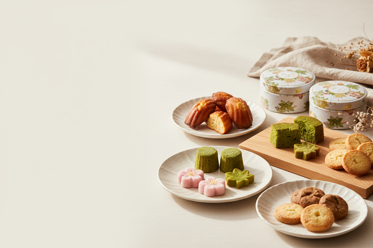 A high-end Japanese bakery and sweets banner photograph in a bright, natural studio setting, featuring an elegant arrangement of assorted Japanese baked sweets and snacks on the right side displayed on ceramic plates and wooden boards, including cookies, financiers, sponge cakes, wagashi-style treats, and premium gift tins, styled to feel refined, gift-ready, and authentically Japanese; soft daylight lighting, realistic textures, and shallow depth of field, with the left side smoothly fading into a light