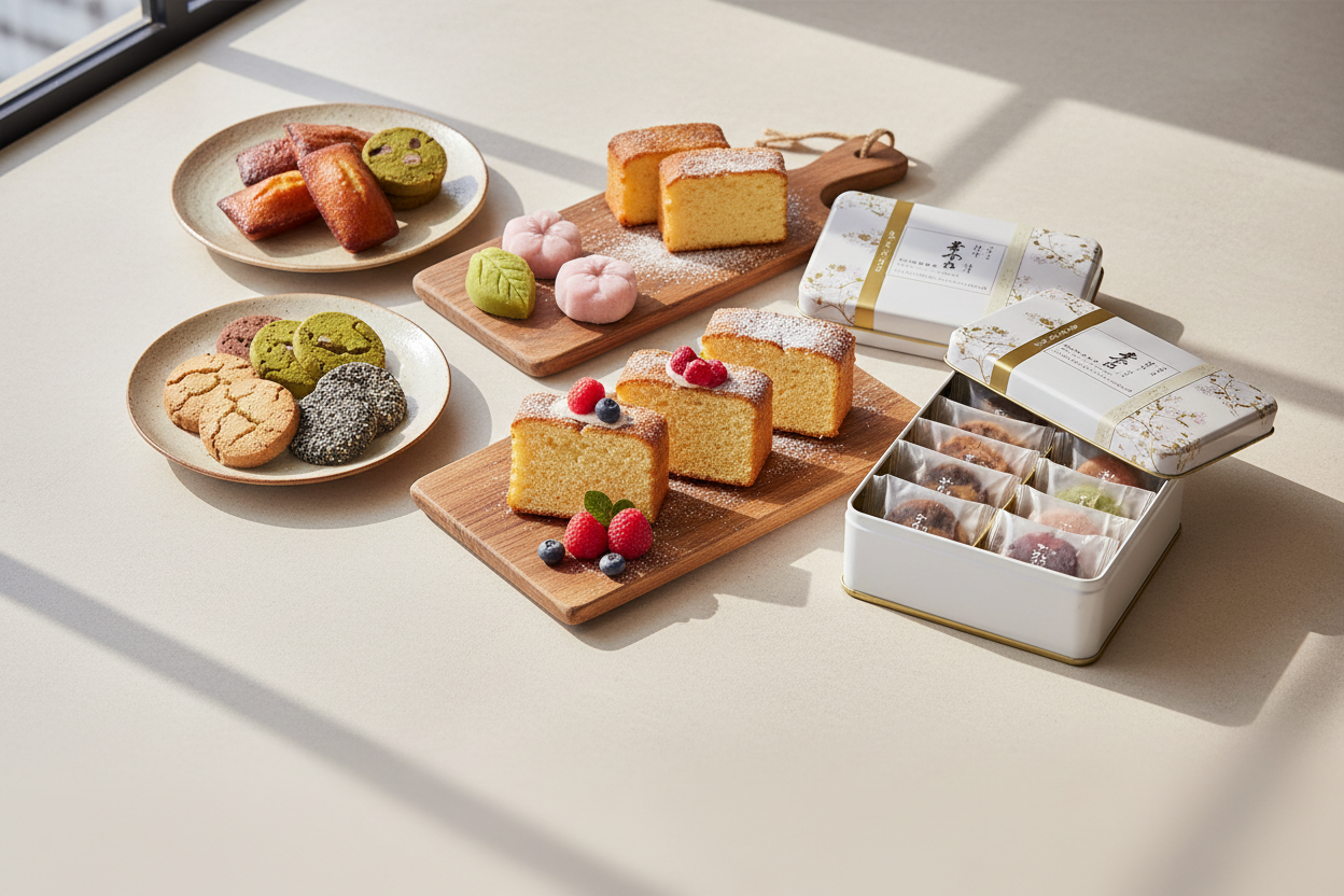 A high-end Japanese bakery and sweets photograph in a bright, natural studio setting, featuring an elegant arrangement of assorted Japanese baked sweets and snacks positioned toward the top of the image on ceramic plates and wooden boards, including cookies, financiers, sponge cakes, wagashi-style treats, and premium gift tins; soft daylight lighting, realistic textures, and a refined, gift-ready Japanese aesthetic, with the lower portion fading smoothly into a light, neutral gradient with subtle blur
