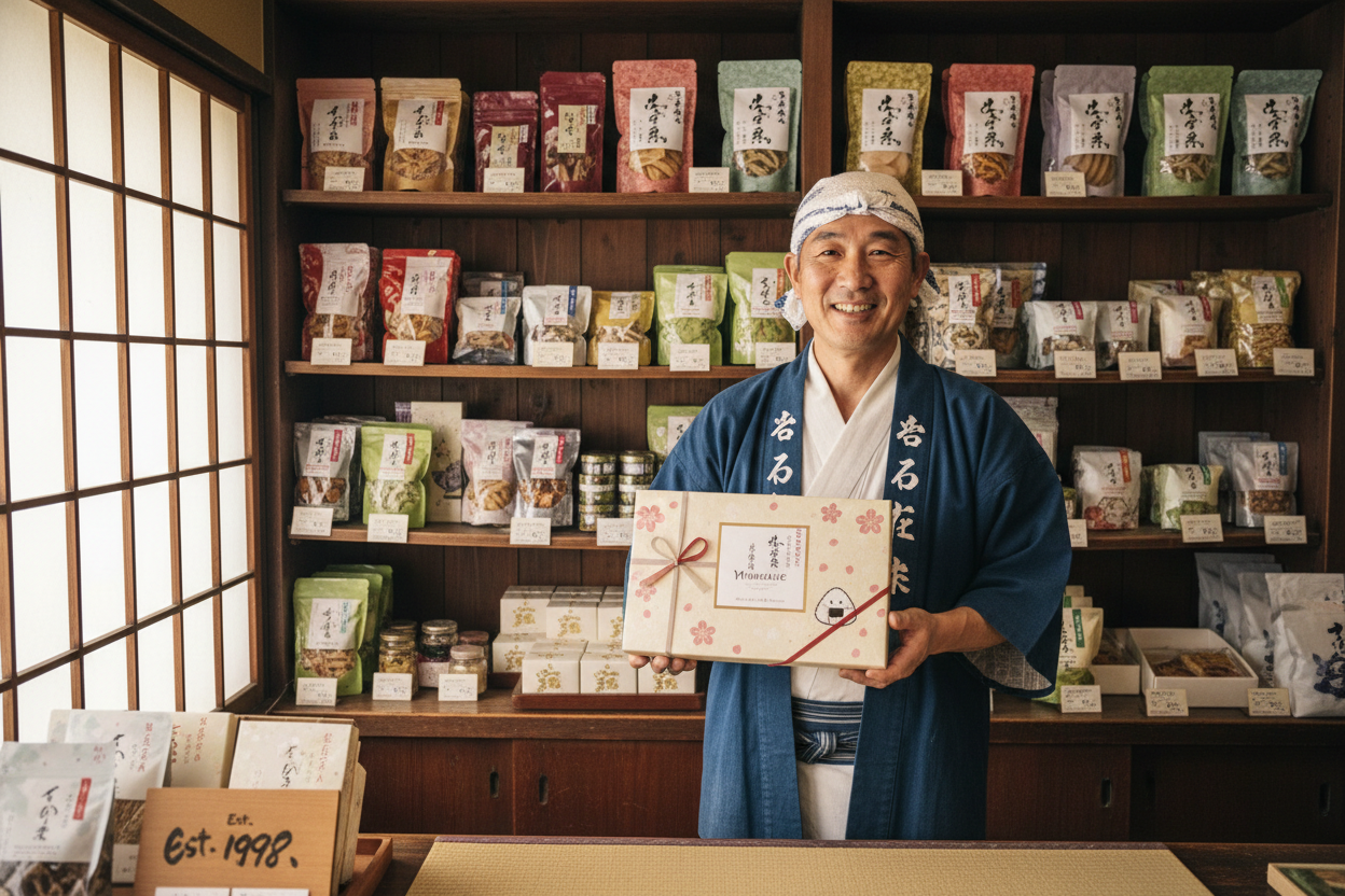 A realistic, high quality photograph of a Japanese snack maker standing inside a traditional Japanese snack shop, holding a beautifully packaged Yummy Munchie gift box. Wooden shelves behind him are neatly filled with assorted Japanese snacks in premium packaging. The scene feels warm, authentic, and artisanal, with soft natural lighting, muted tones, and a focus on craftsmanship, tradition, and quality. The overall mood should communicate trust, heritage, and carefully curated Japanese snacks